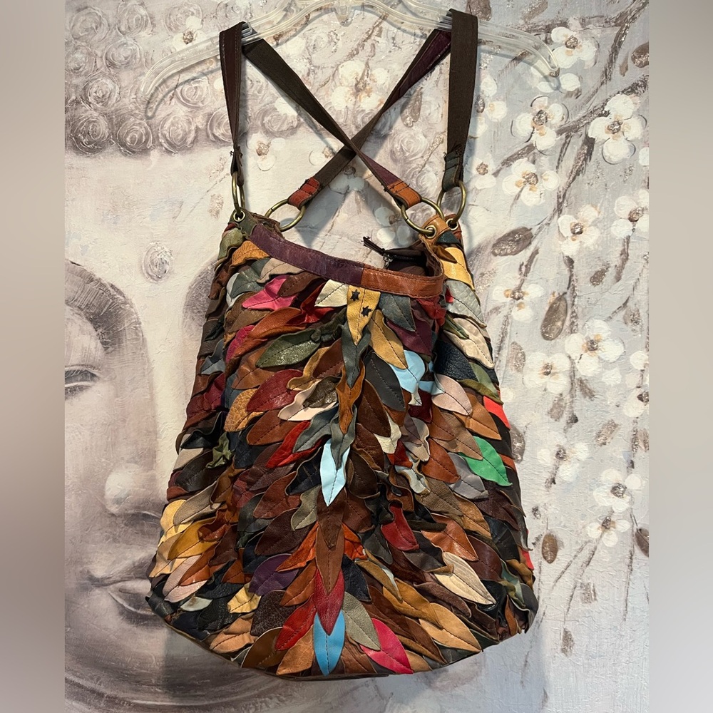 Rare Boho Multicolor Leaf Pattern Women's Soft Glove Leather Bag
